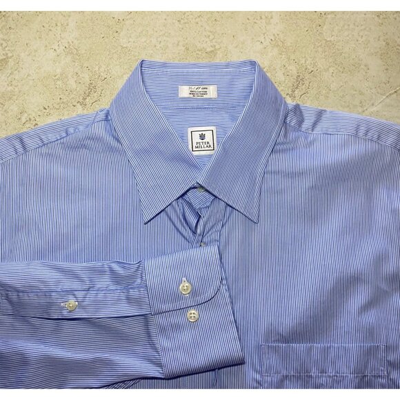 Peter Millar Mens Blue Pinstripe Button-Up Shirt 100% Cotton Long Sleeve Size 16 - Picture 1 of 6